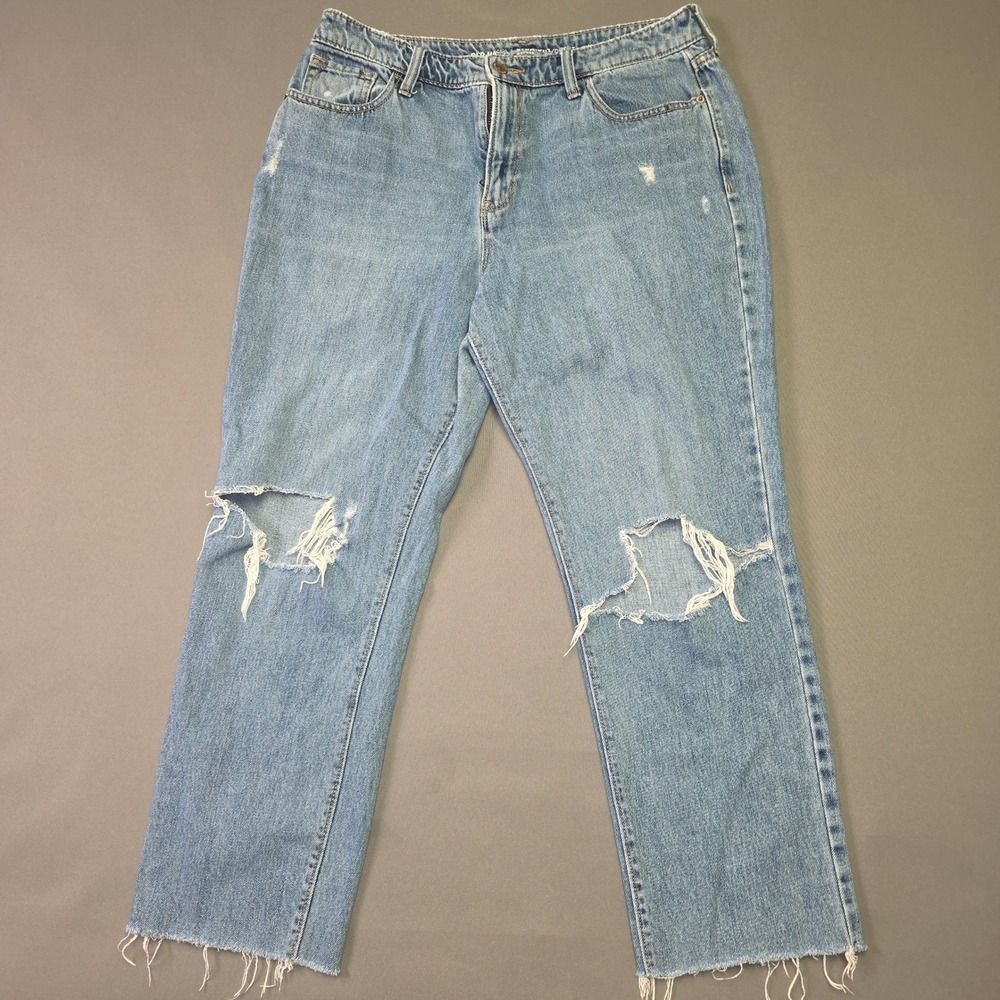Old Navy High Rise Straight Leg Distressed Jeans Light Wash Raw Hem Blowout Knee